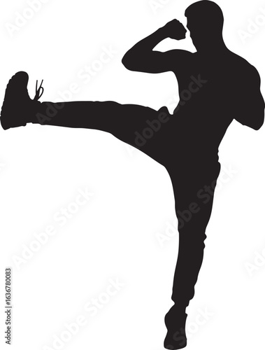 martial arts kickboxing fighter man silhouette, gym workout man kicking pose vector, black and white silhouette of a fighter doing a high kick