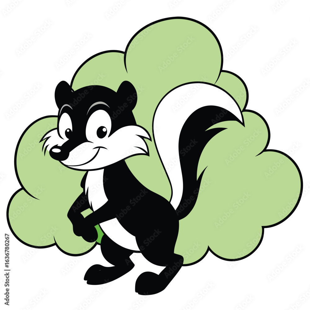 Fototapeta premium Cute cartoon skunk with bushy tail isolated on white background