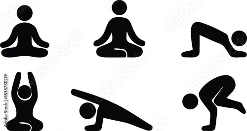 Stickman silhouette icons of yoga positions and meditation poses including seated, plank, and stretch in minimal vector style
