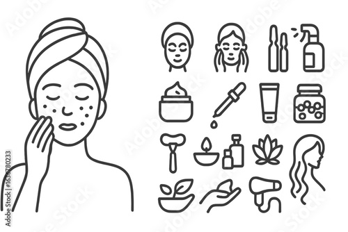 Skincare routine illustration featuring various beauty products and techniques for healthy skin