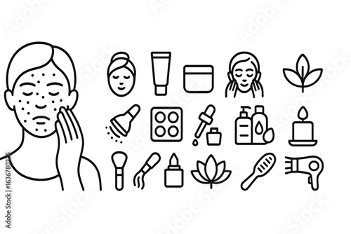 Skin care routine with various products and natural elements focused on treating blemishes and enhancing beauty