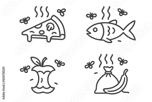 Illustrations of various food items with flies representing spoilage and waste in a kitchen setting