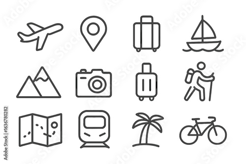 Travel icons representing various activities and locations with images of airplanes, bicycles, boats, and more suitable for adventure seekers