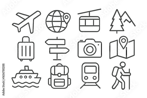 Travel icons representing various activities and modes of transportation for adventurous journeys across the globe