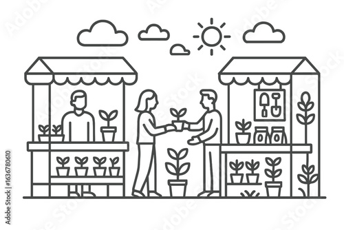 Plant market features two people exchanging plants while a vendor watches under a sunny sky