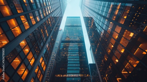Wallpaper Mural Skyscrapers reaching towards the sky, reflecting warm orange lights, surrounded by glass facades, showcasing modern architecture and urban life in a bustling city environment Torontodigital.ca
