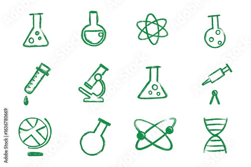 Science Icons: A collection of hand-drawn scientific icons are arranged in a grid pattern against a bright background, depicting various laboratory equipment and scientific symbols.