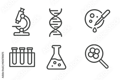 Laboratory equipment for biological research including microscope, DNA, and test tubes in a clean workspace