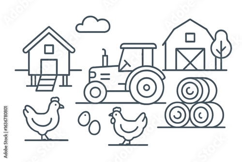Farm scene featuring a tractor, chickens, and barns in a rural landscape with hay bales and trees