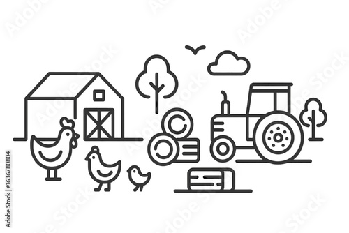 Farm landscape featuring tractor, barn, and various farm animals during a sunny day