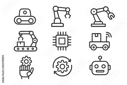 Icons representing automation technology in a modern industrial setting showcasing robots and machinery