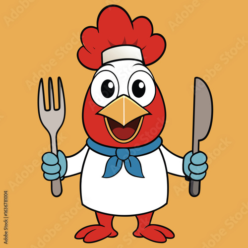 Happy chicken chef with fork and knife, isolated on white background