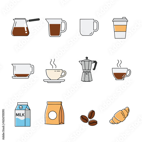 Collection of delicious coffee drinks and breakfast pastries for a morning delight