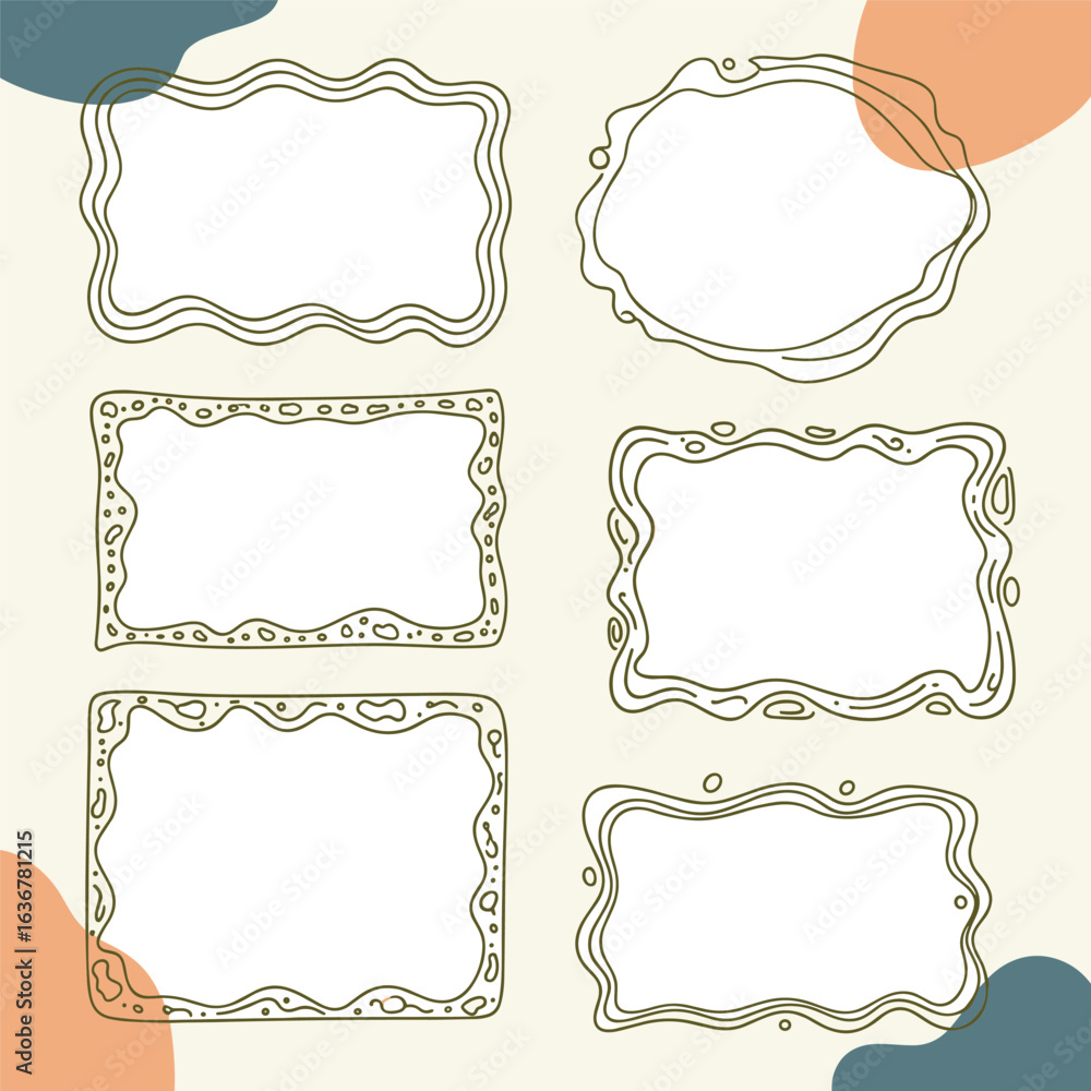 Collection of six hand drawn decorative frames with unique organic wavy border designs for creative projects and text decoration Collection of six hand drawn decorative frames with unique organic wavy border designs for creative projects and text decoration