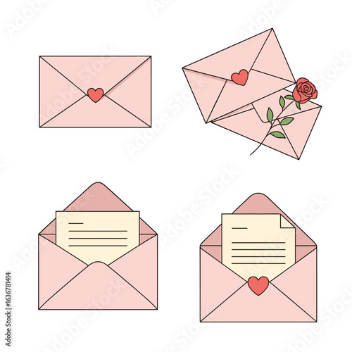 Collection of delicate pink envelopes with heart seals and a rose decoration for romantic correspondence
