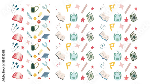 A seamless pattern with school supplies including books backpacks and writing utensils scattered randomly around the page