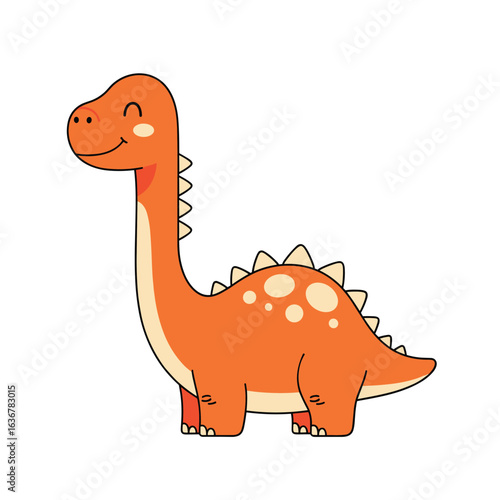 A delightful orange dinosaur with a long neck and spikes on its back standing happily