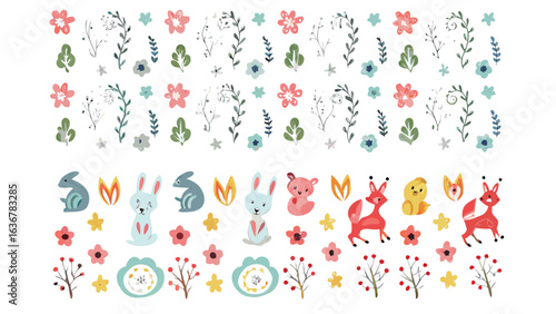 Watercolor floral and animal illustration featuring rabbits foxes flowers and various botanical elements artfully arranged