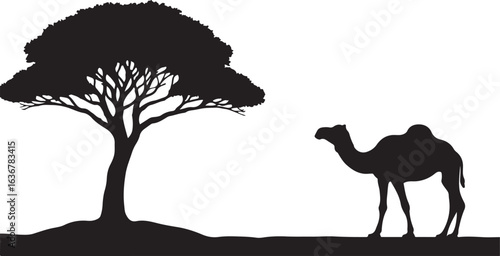 Camel with tree in silhouette image white backgrpound.