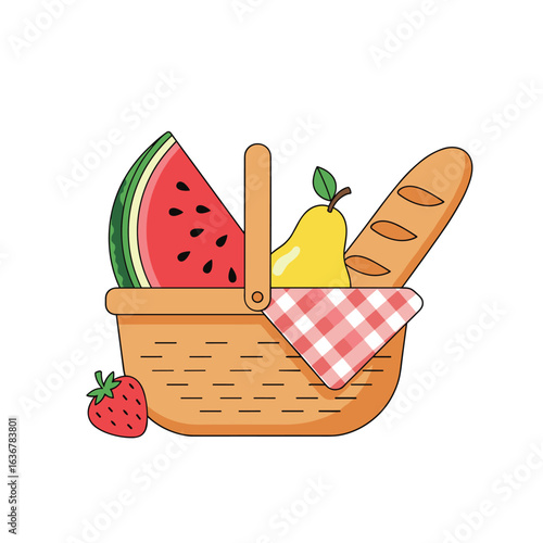 Enjoying a delicious summer picnic basket filled with fresh fruits and bread on a sunny day