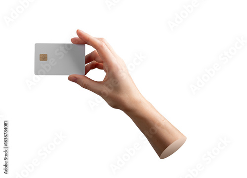Credit card in female hand with secure chip and clean design, representing business, banking,