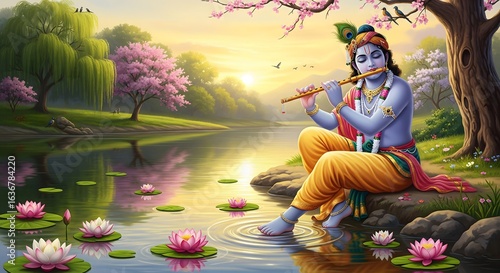 Lord krishna plays flute by a serene river amidst blooming trees and water lilies
