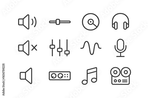 Sound effects and audio elements in a minimalist design showcasing various audio equipment and features