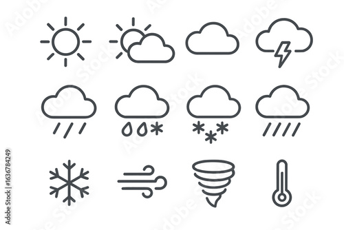 Weather symbols depicting various atmospheric conditions and their effects on everyday life and the environment