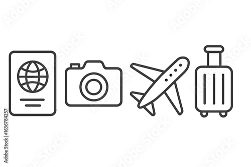 Essential travel items including passport, camera, airplane, and suitcase arranged in a simple graphic design