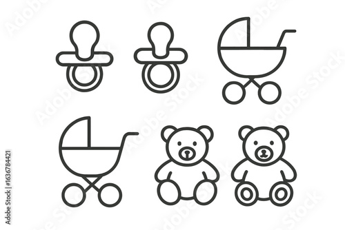 Baby accessories including teething toys and strollers in a minimalistic design