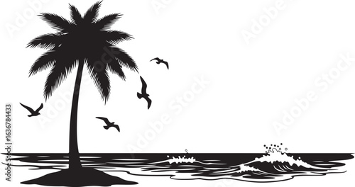 Silhouette of a palm tree on a tropical beach with waves and flying birds ocean