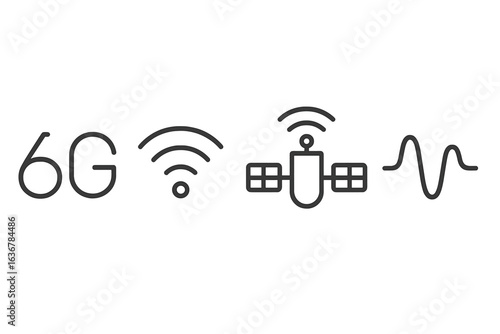 Advancements in wireless technology with 6G, satellites, and new communication waves outlined in minimalist graphics