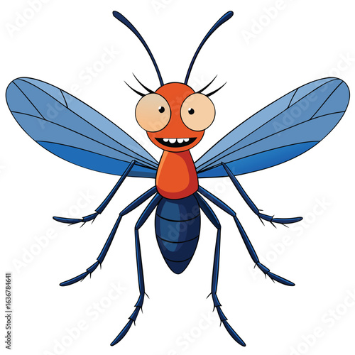 Cartoon mosquito with blue wings and orange head