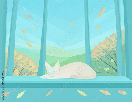 Cat Napping by the Window with Autumnal Scenery