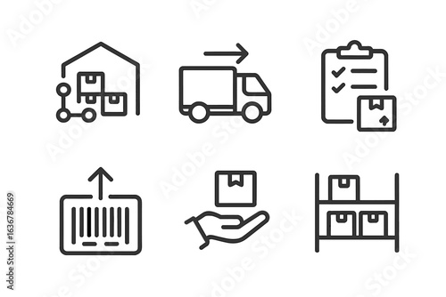 Delivery and logistics icons representing shipping, inventory management, and transportation in a warehouse setting