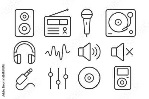 Variety of audio equipment and sound-related icons displayed in a creative layout