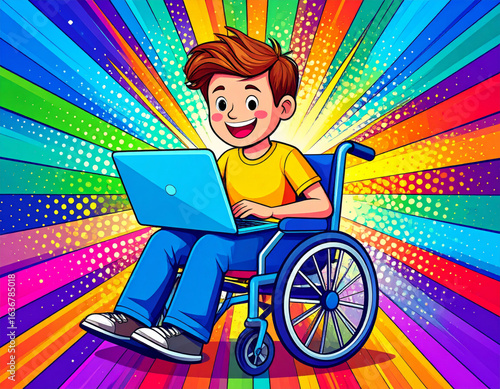 Cheerful Boy in Wheelchair Using Laptop with Colorful Rays