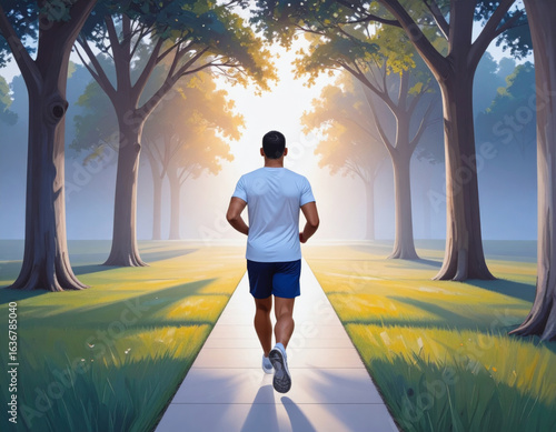 Man jogging on a path through a park with sunlight