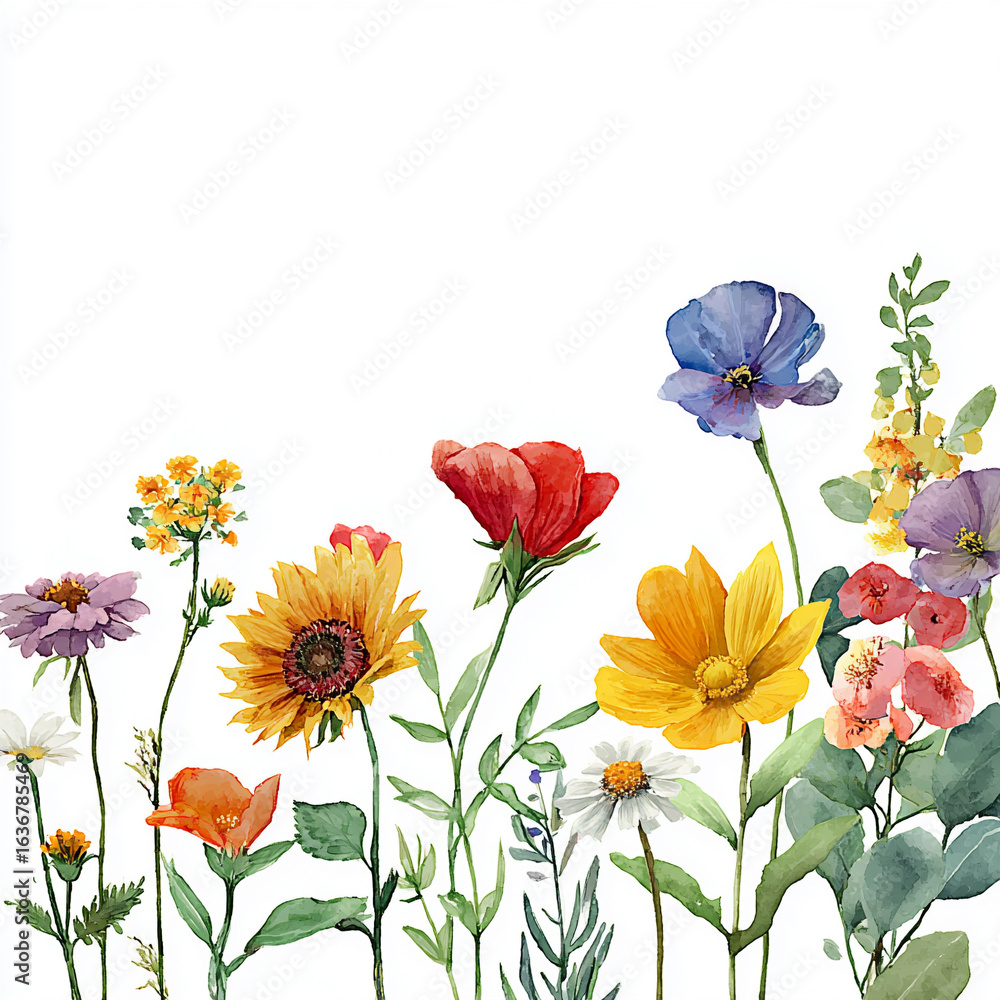 Fototapeta premium Colorful wildflowers bloom in a sunny field, showcasing a vibrant array of nature's beauty during springtime