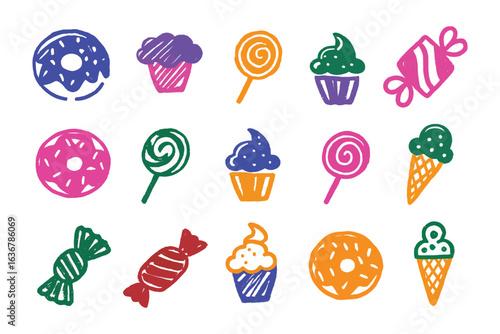 Sweet Temptations: A vibrant collection of hand-drawn sweet treats, including donuts, cupcakes, lollipops, ice cream, and candies, a playful and delicious illustrations.