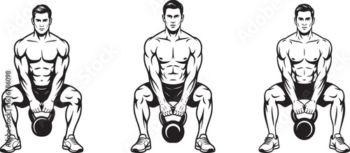 illustration of muscular man performing kettlebell squat in three positions showing proper form for fitness and gym training