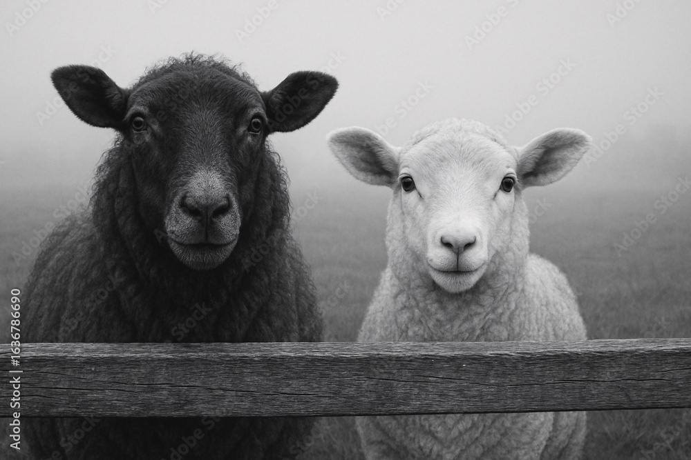 Obraz premium A black sheep and a white sheep stand side by side behind a wooden fence in a misty field. Captured in black and white, the photograph highlights their contrasting wool textures and calm expressions