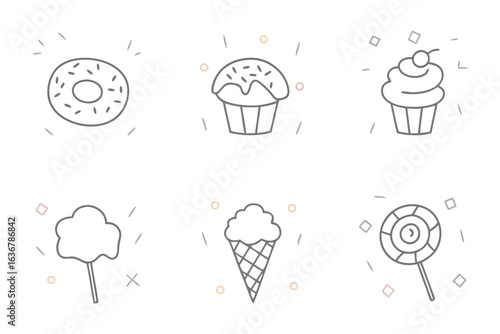 Sweet Delights: A collection of delightful hand-drawn illustrations showcasing various sweet treats in a simple yet inviting style, perfect for adding a touch of sweetness to any project.
