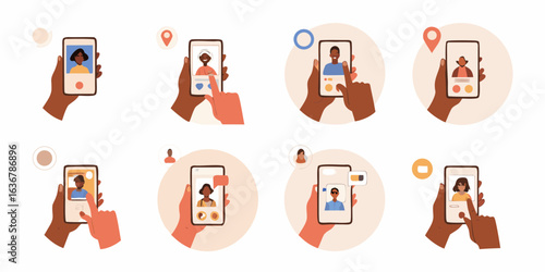 Hands holding smartphones with diverse user profiles and social media interactions