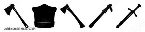 Set of medieval weapon silhouettes including axes, helmet, hammer and sword