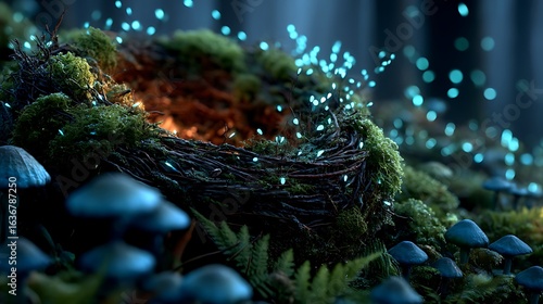 Enchanted moss nest glowing warmly high resolution picture