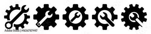 Five variations of a gear and wrench icon in black and white