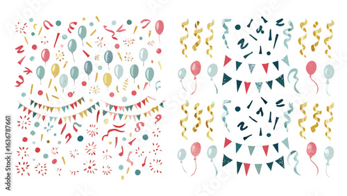 Illustration featuring festive elements like balloons confetti streamers and pennant banners for celebration decor