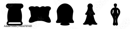 A series of silhouettes depicting various objects and a human figure