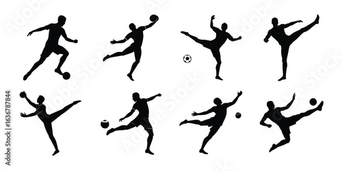 Vector art of set of athletic silhouettes performing various sports actions, isolated on white background